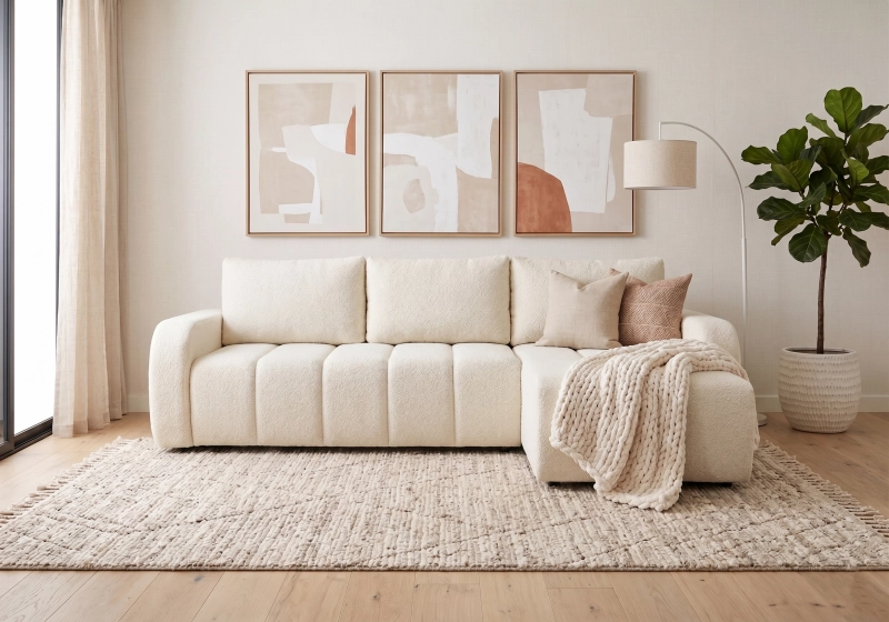 Nowoczesny narożnik z funkcją spania, tkanina typu boucle, odcień biały/beż. Showroom