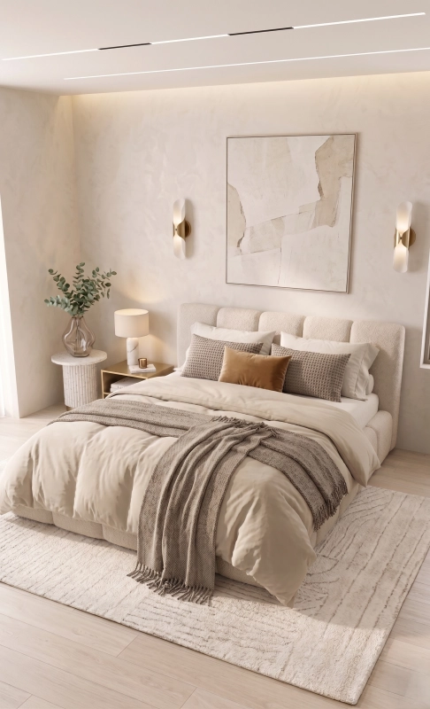 Łóżko tapicerowane, tkanina boucle, odcień ecru. Showroom