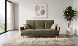 Wersalka z funkcją spania w kolorze zielonym, tkanina gładka, nogi 14cm drewniane. Showroom