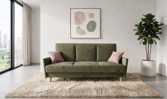 Wersalka z funkcją spania w kolorze zielonym, tkanina gładka, nogi 14cm drewniane. Showroom