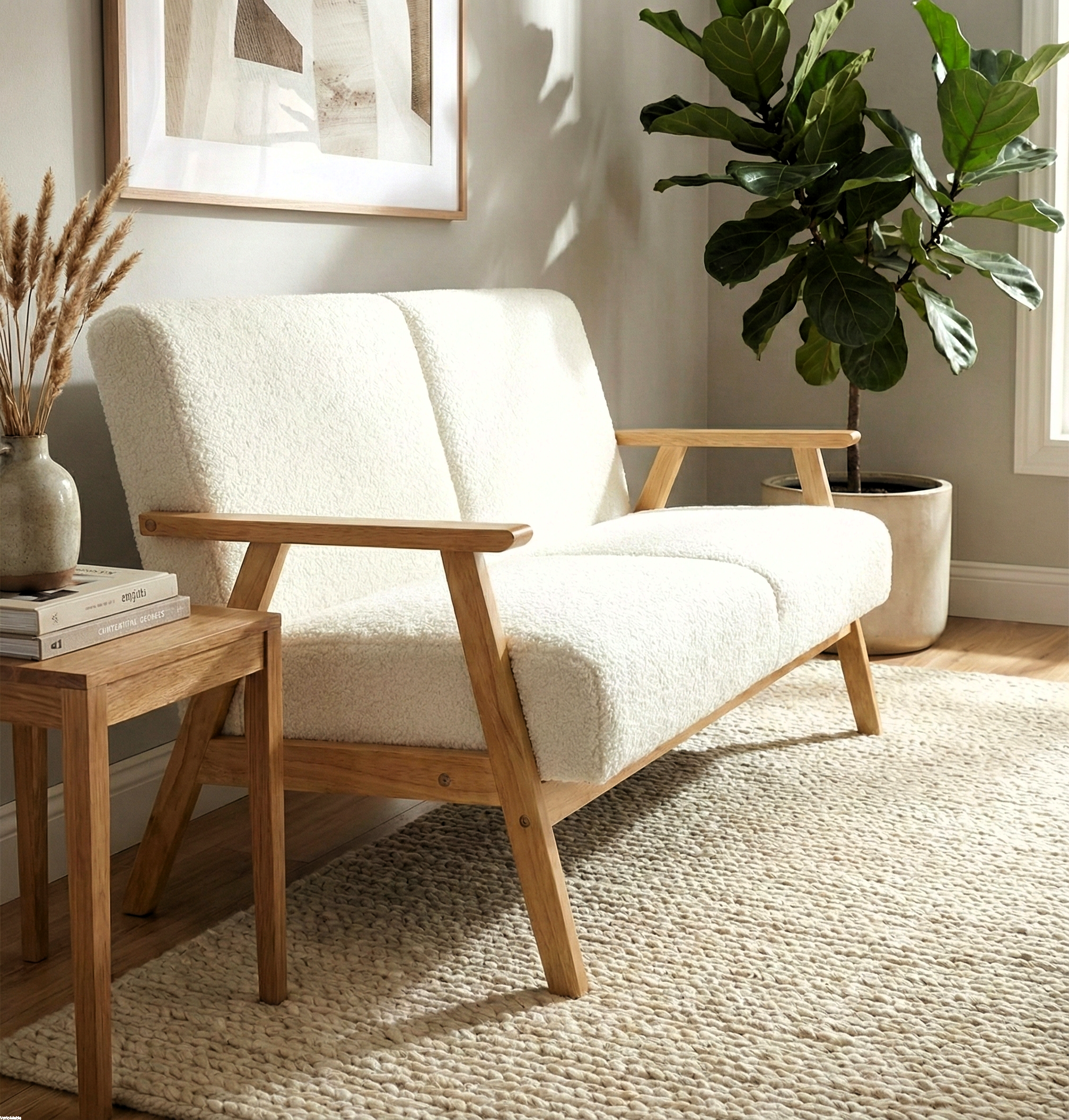 Dwuosobowa sofa na drewnianych nóżkach, odcień biały.