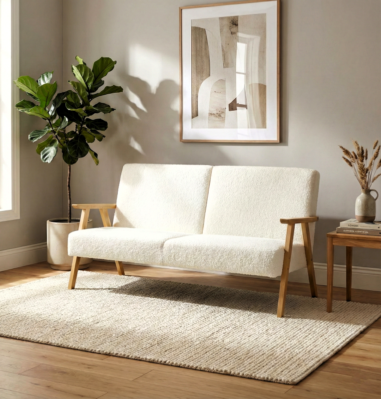 Dwuosobowa sofa na drewnianych nóżkach, odcień biały.