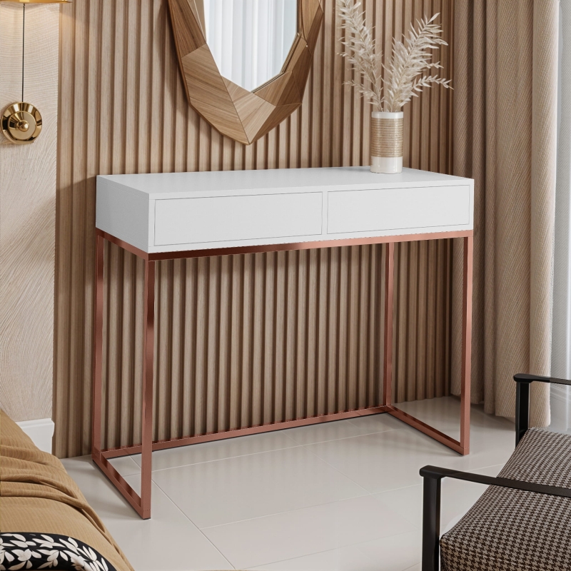 Toaletka z dwoma szufladami miedź biały. Showroom