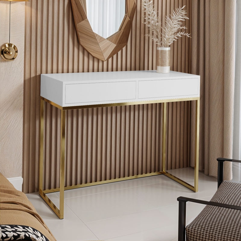 Toaletka z dwoma szufladami złoto biała. Showroom
