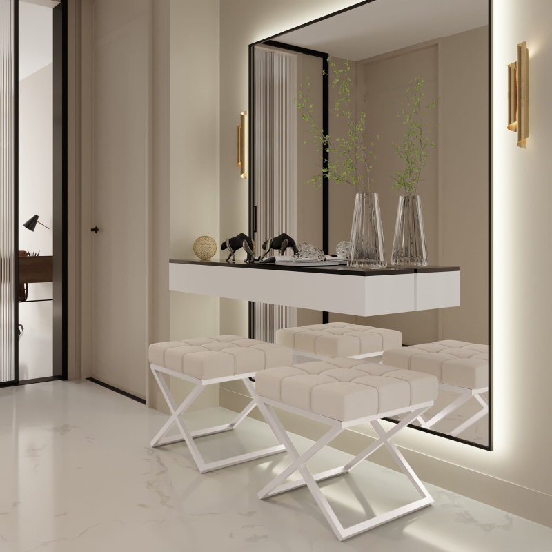 Pufa nogi białe, siedzisko pikowane. Showroom