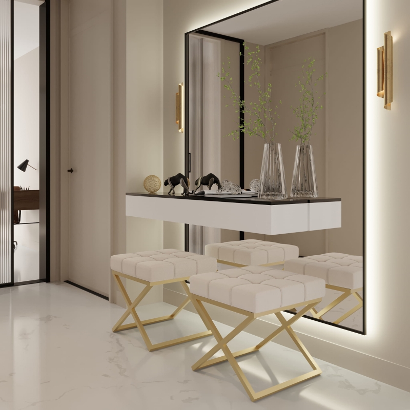 Pufa nogi złote, siedzisko pikowane. Showroom
