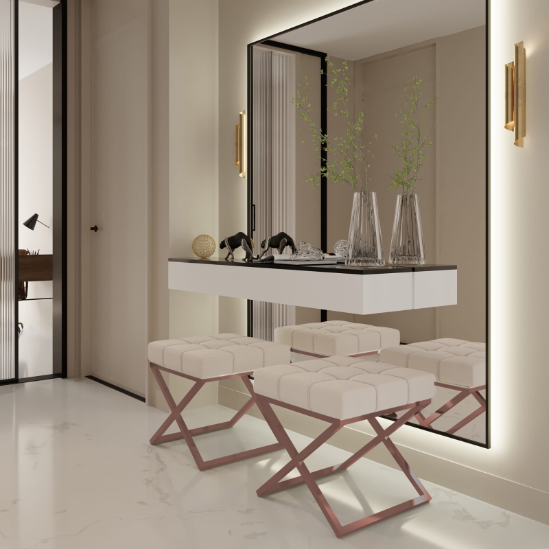 Pufa nogi miedź, siedzisko pikowane. Showroom