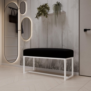 Ławka tapicerowana do przedpokoju, nogi białe, czarna tkanina gładka. Showroom