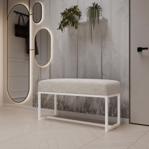 Ławka tapicerowana do przedpokoju, nogi białe, tkanina szenilowa szara. Showroom