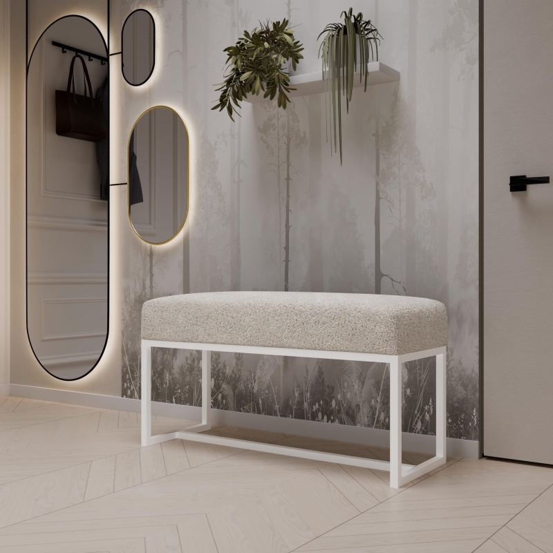 Ławka tapicerowana do przedpokoju, nogi białe, tkanina szenilowa szara. Showroom