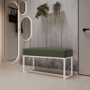 Ławka tapicerowana do przedpokoju,nogi białe, tkanina szenilowa zielona. Showroom