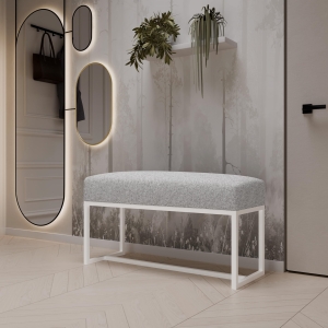 Ławka tapicerowana do przedpokoju, nogi białe, tkanina boucle jasna szara. Showroom
