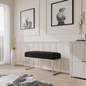 Ławka tapicerowana do przedpokoju, nogi chrom, tkanina gładka czarna. Showroom