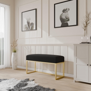 Ławka tapicerowana do przedpokoju, nogi złote, tkanina czarna gładka. Showroom