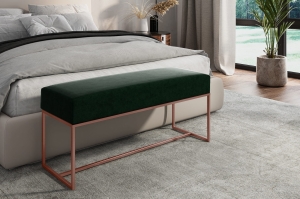 Ławka tapicerowana do przedpokoju, nogi miedź, tkanina butelkowa zieleń gładka. Showroom