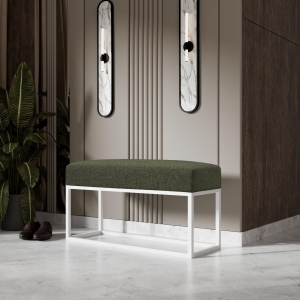Ławka tapicerowana do przedpokoju, nogi białe, tkanina szenilowa zielona. Showroom