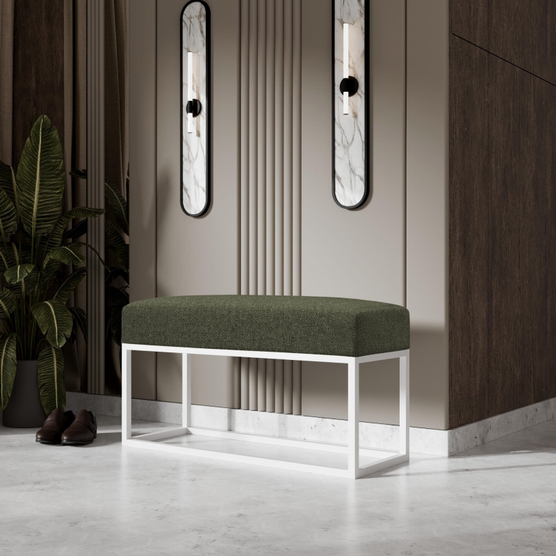 Ławka tapicerowana do przedpokoju, nogi białe, tkanina szenilowa zielona. Showroom