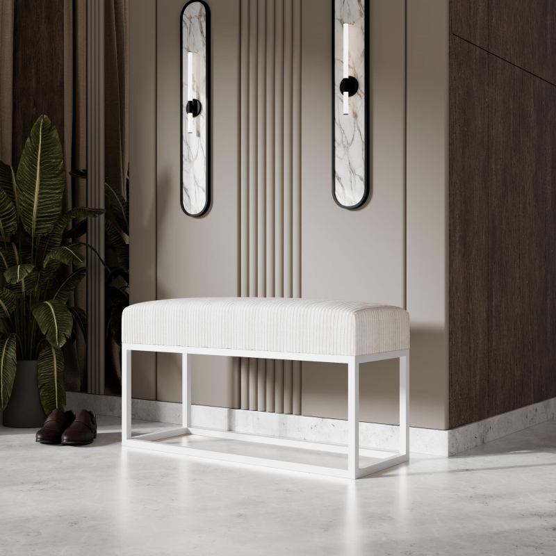 Ławka tapicerowana do przedpokoju, nogi białe, tkanina a’la sztruks miękki beż. Showroom