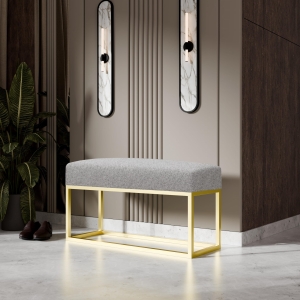 Ławka tapicerowana do przedpokoju, nogi złote, tkanina szenilowa szara. Showroom