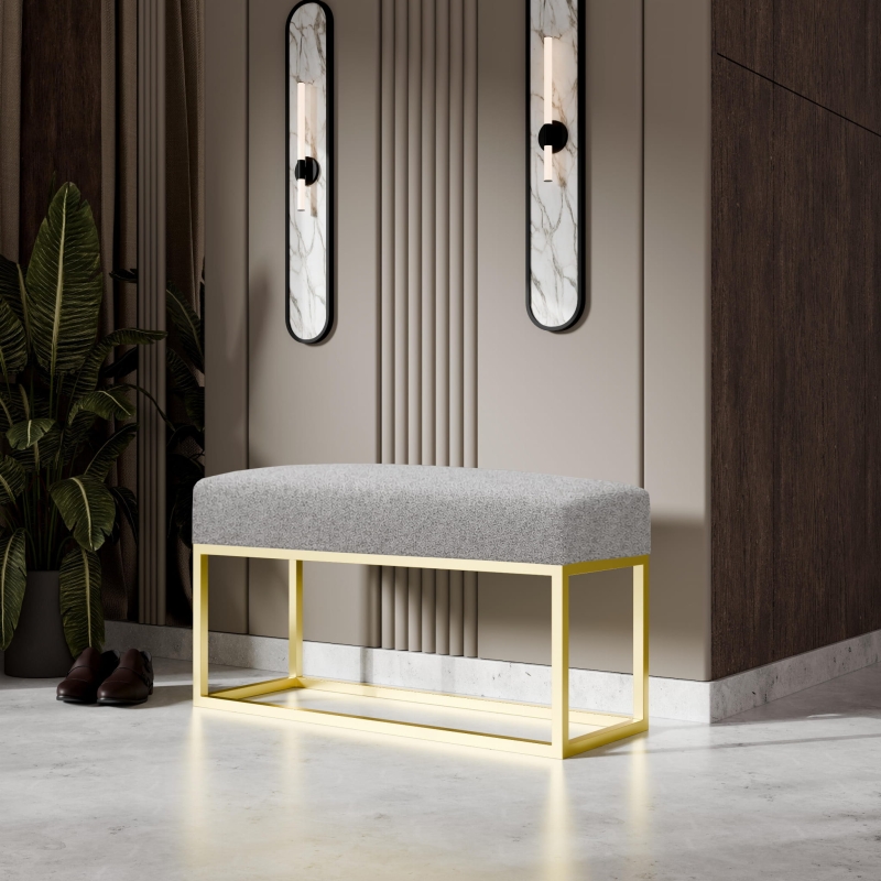 Ławka tapicerowana do przedpokoju, nogi złote, tkanina szenilowa szara. Showroom
