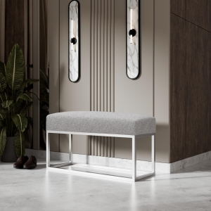 Ławka tapicerowana do przedpokoju. Nogi chrom, tkanina boucle szara. Showroom