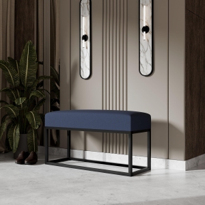 Ławka tapicerowana do przedpokoju, stelaż czarny, tkanina gładka granatowa. Showroom