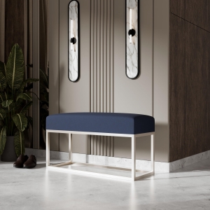 Ławka tapicerowana do przedpokoju, stelaż Kaszmir, tkanina gładka granatowa. Showroom