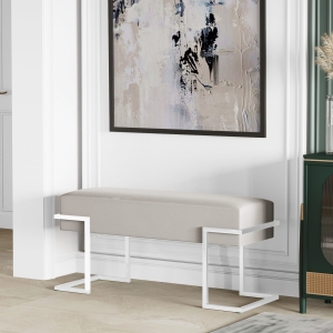 Ławka tapicerowana do przedpokoju, stelaż biały, tkanina gładka jasna szara. Showroom