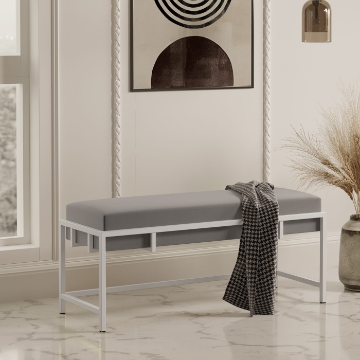 Ławka tapicerowana do przedpokoju, stelaż biały, tkanina gładka ciemny szary, showroom