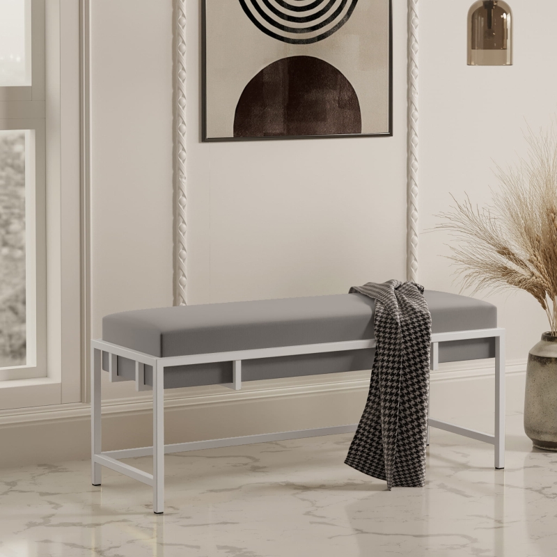 Ławka tapicerowana do przedpokoju, stelaż biały, tkanina gładka ciemny szary, showroom