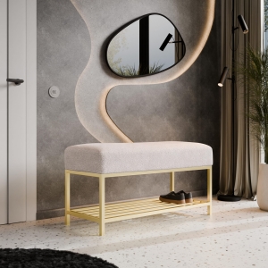 Ławka tapicerowana do przedpokoju z miejscem na buty, stelaż złoty, tkanina boucle beż. Showroom