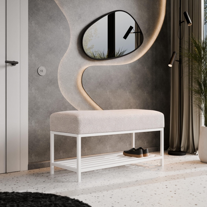 Ławka tapicerowana do przedpokoju z miejscem na buty, stelaż biały, tkanina szenilowa beż. Showroom
