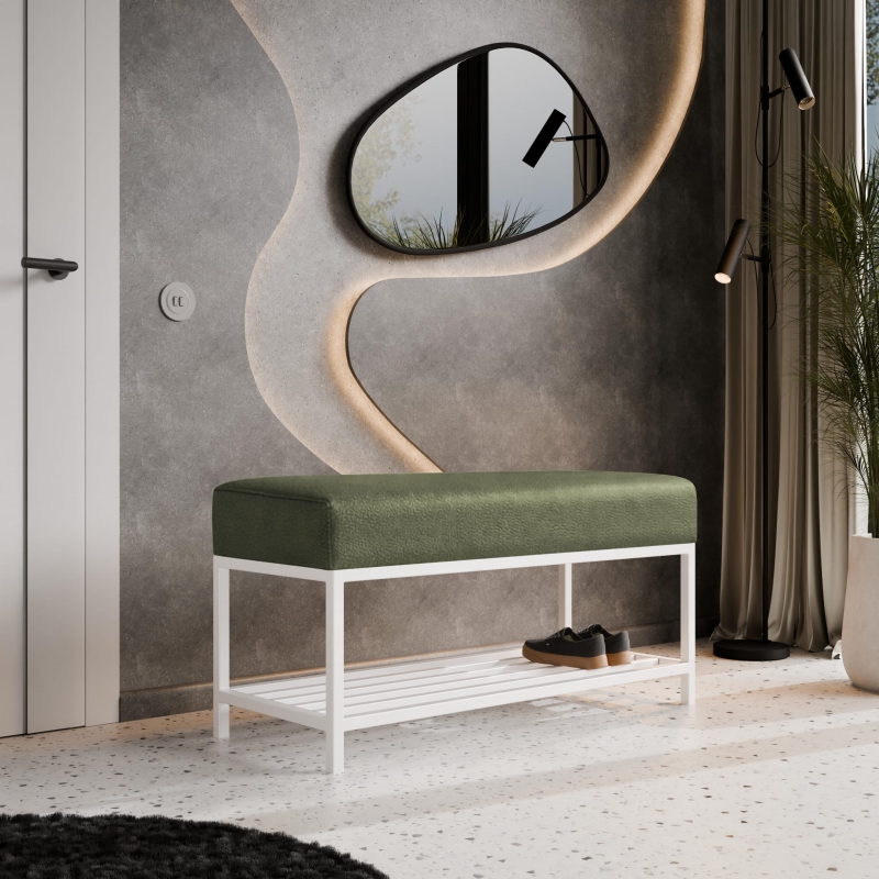Ławka tapicerowana do przedpokoju z miejscem na buty, stelaż biały, tkanina szenilowa zieleń. Showroom