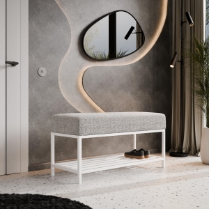 Ławka tapicerowana do przedpokoju z miejscem na buty, stelaż biały, tkanina boucle jasny szary. Showroom