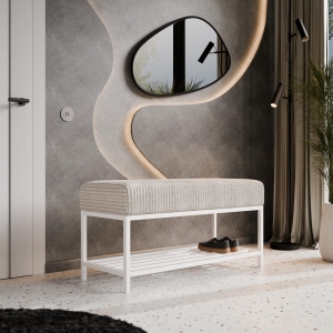 Ławka tapicerowana do przedpokoju z miejscem na buty, stelaż biały, tkanina a’la sztruks miękki beż. Showroom