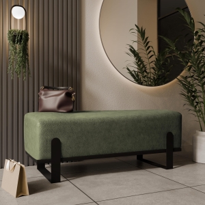 Ławka tapicerowana do przedpokoju, stelaż czarny, tkanina szenilowa zieleń. Showroom