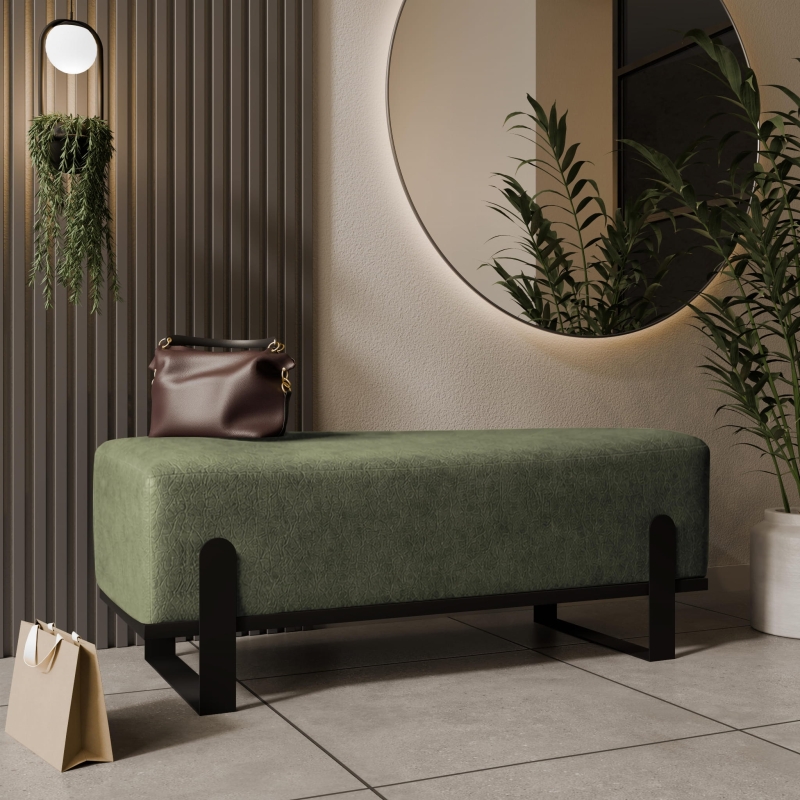Ławka tapicerowana do przedpokoju, stelaż czarny, tkanina szenilowa zieleń. Showroom