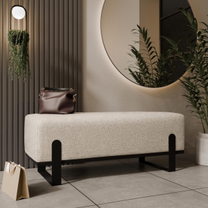 Ławka tapicerowana do przedpokoju, stelaż czarny, tkanina boucle odcień beż. Showroom