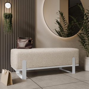 Ławka tapicerowana do przedpokoju, stelaż biały, tkanina boucle odcień beż. Showroom