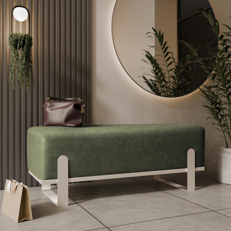 Ławka tapicerowana do przedpokoju, stelaż Kaszmir, tkanina szenilowa odcień zieleń. Showroom