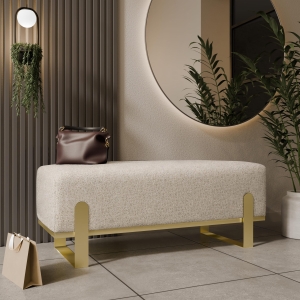 Ławka tapicerowana do przedpokoju, stelaż złoty, tkanina boucle odcień beż. Showroom