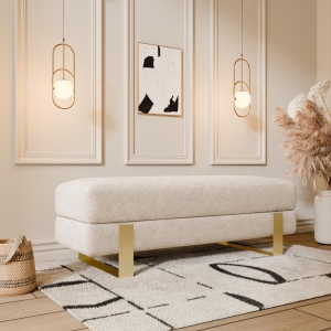 Ławka tapicerowana do przedpokoju, stelaż złoty, tkanina boucle odcień beż, szerokość 100 cm. Showroom