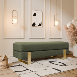 Ławka tapicerowana do przedpokoju, stelaż złoty, tkanina boucle odcień zieleń, szerokość 100 cm. Showroom