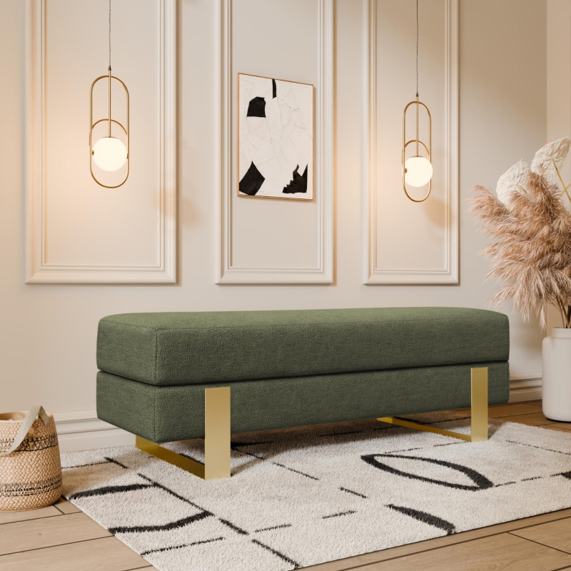 Ławka tapicerowana do przedpokoju, stelaż złoty, tkanina boucle odcień zieleń, szerokość 100 cm. Showroom