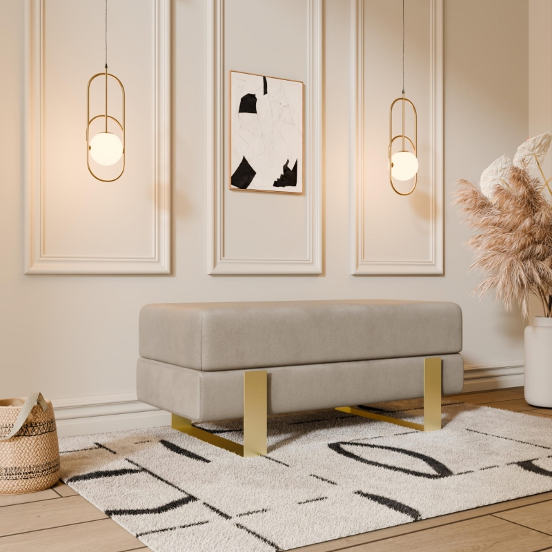 Ławka tapicerowana do przedpokoju, stelaż złoty, tkanina gładka welur odcień beż, szerokość 80cm. Showroom