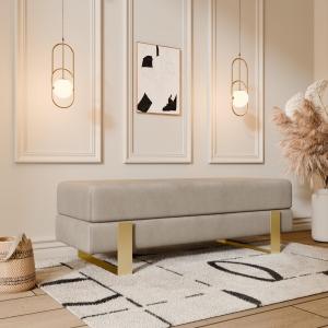 Ławka tapicerowana do przedpokoju, stelaż złoty, tkanina gładka welur odcień beż, szerokość 100cm. Showroom