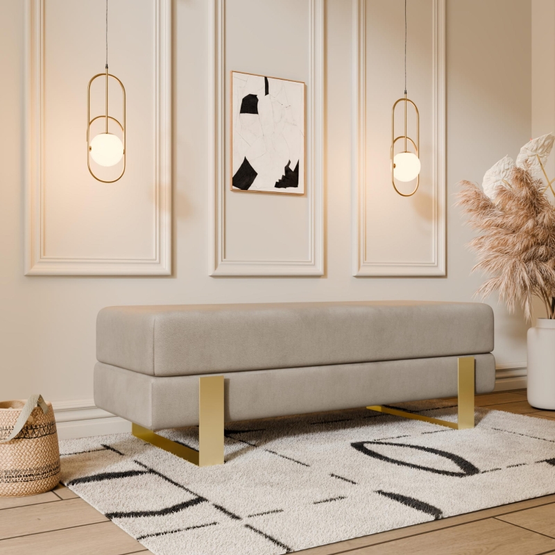 Ławka tapicerowana do przedpokoju, stelaż złoty, tkanina gładka welur odcień beż, szerokość 100cm. Showroom