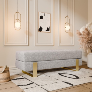 Lawka tapicerowana do przedpokoju, stelaż złoty, tkanina boucle odcień szary, szerokość 100cm. Showroom