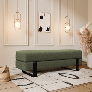 Ławka tapicerowana do przedpokoju, stelaż czarny, tkanina szenilowa odcień zieleni, szerokość 100cm. Showroom