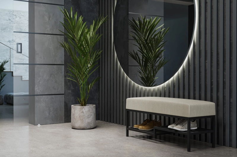 Ławka tapicerowana do przedpokoju z dwustopniowym miejscem na buty, stelaż czarny, tkanina a’la sztruks odcień beż. Showroom